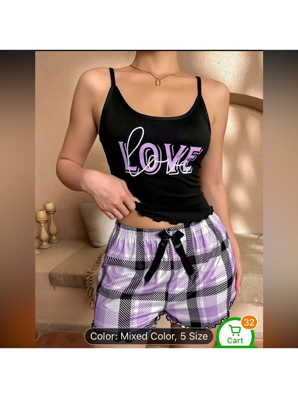 Black and Purple Love Print Women's Sleepwear Set